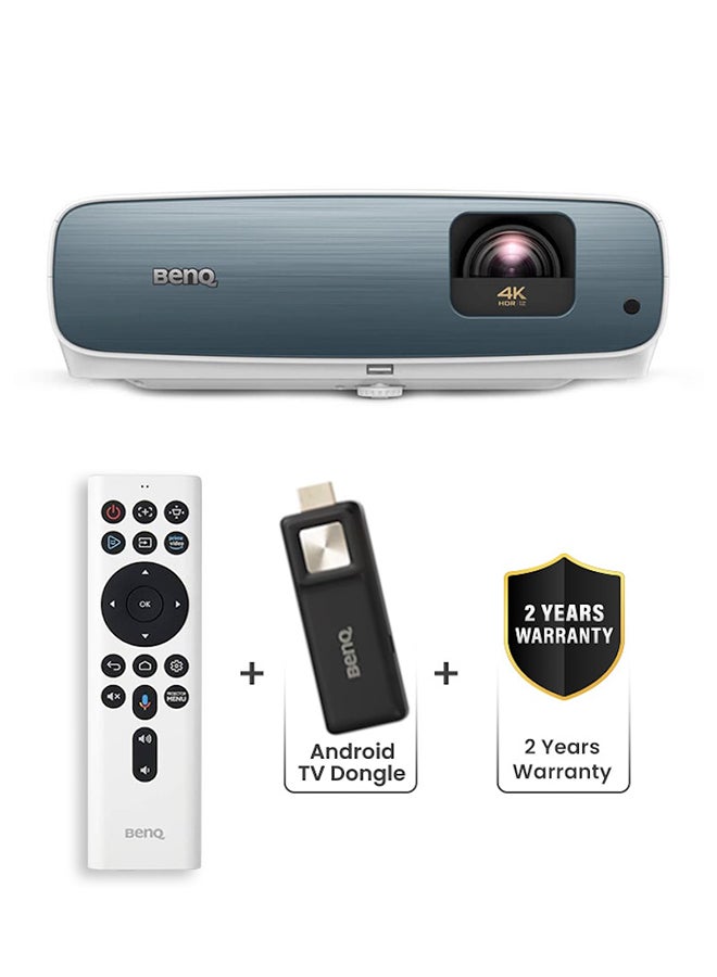 BenQ - UHD HDR 4K Projector, 3000 Lumens Home Theater Projector, 10W Speakers Wireless Movie Projector, Smart Android TV Projector For Home Cinema, Sports & Games, Projector 4K Bluetooth Wifi Android TV Dongle + Android TV Remote Control TK850i White - Image 1