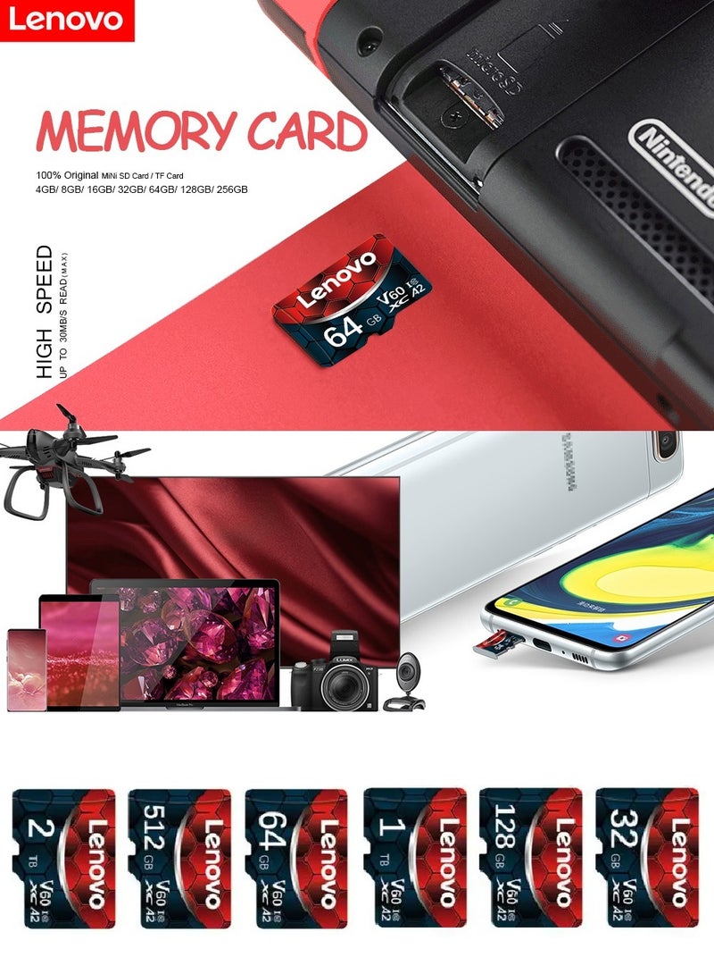 Lenovo - V60 Ultra Fast Speed Micro SD Memory Card XC A2 Class 10 Micro TF Flash SDCS2 100Mb/s Reading With SD Card Adapter 256 GB - Image 1