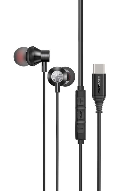 Earphones with USB-C Connector, Wired Earbuds with Microphone, Call Function, Anti-Tangle Wire and Volume Control Black