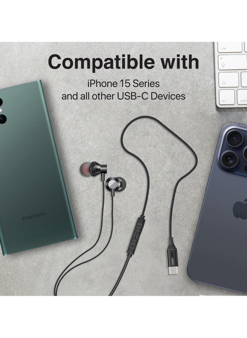 Earphones with USB-C Connector, Wired Earbuds with Microphone, Call Function, Anti-Tangle Wire and Volume Control Black