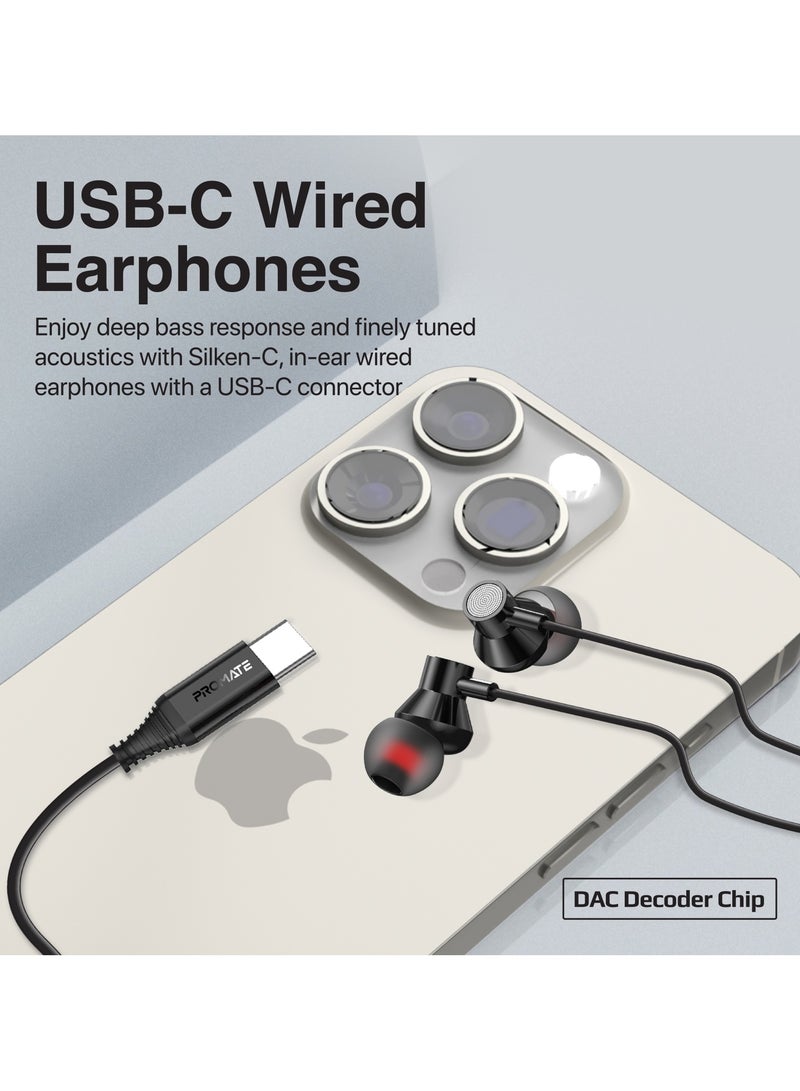 Earphones with USB-C Connector, Wired Earbuds with Microphone, Call Function, Anti-Tangle Wire and Volume Control Black