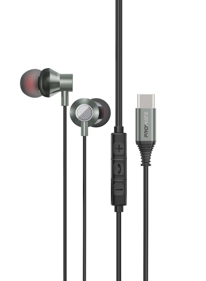 PROMATE - Earphones with USB-C Connector, Wired Earbuds with Microphone, Call Function, Anti-Tangle Wire and Volume Control Grey - Image 1