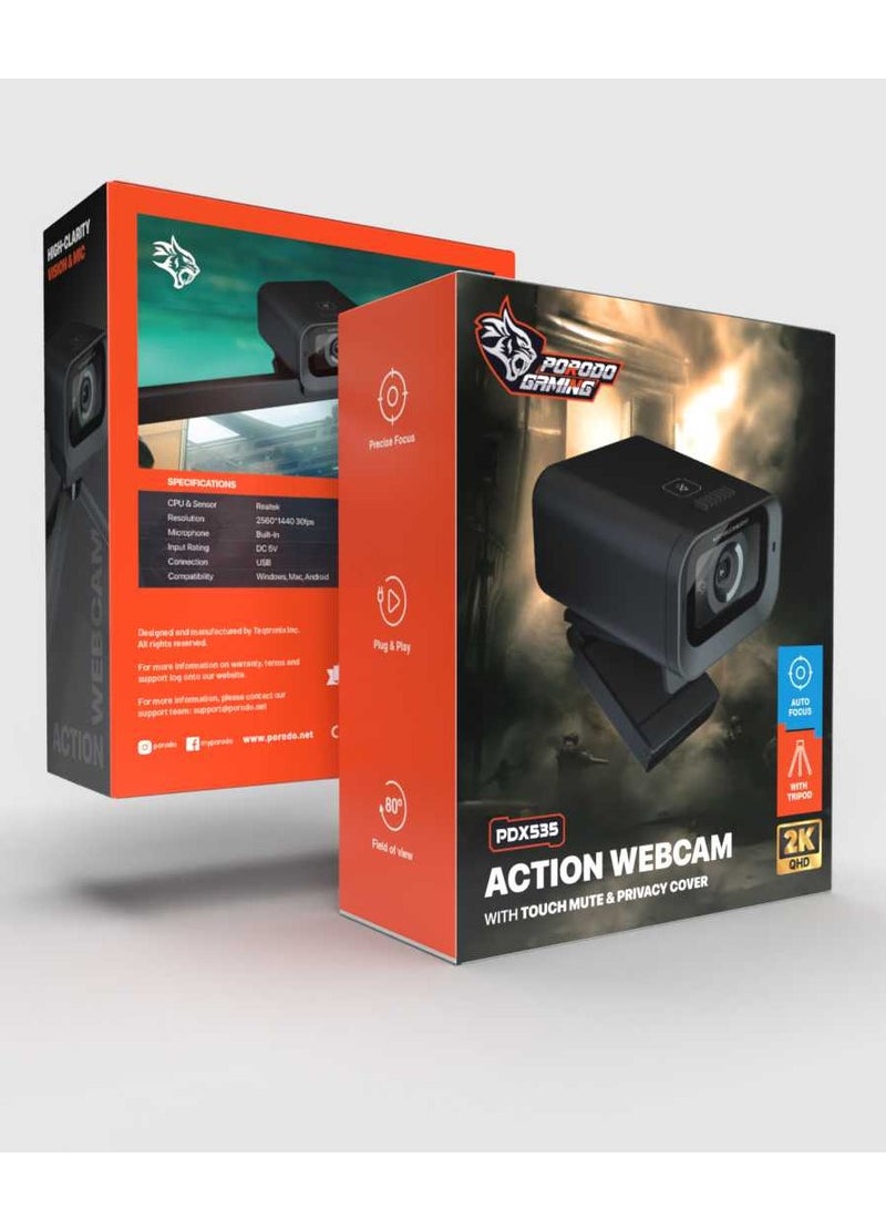 porodo - Gaming 2K 30fps Auto Focus Web Cam With In-Built Mic And Tripod - Black - Image 1