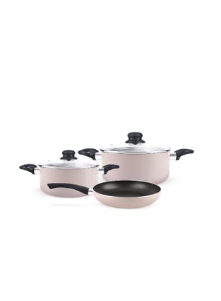 Royalford 5pcs Non Stick Cookware Set RF11973 Aluminum Press Body with 3 Layer Coating CD Base Bakelite Handles and Tempered Glass Lid Pink Large - pnsku/N70019838V/45/_/1739789122/377b55a5-872a-4fd5-8a99-be33e8a1f23f