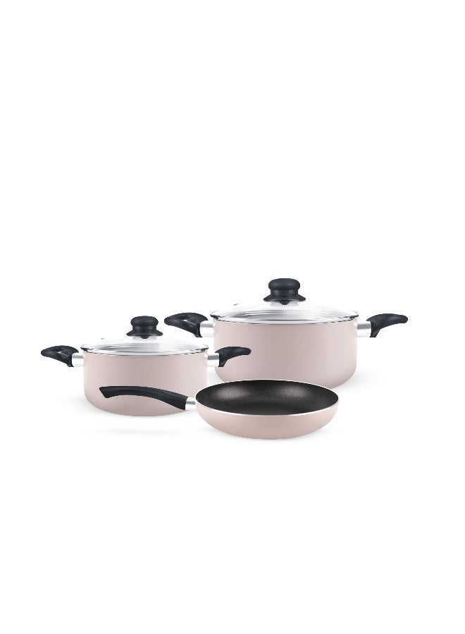 Royalford Royalford 5pcs Non Stick Cookware Set RF11973 Aluminum Press Body with 3 Layer Coating CD Base Bakelite Handles and Tempered Glass Lid Pink Large 