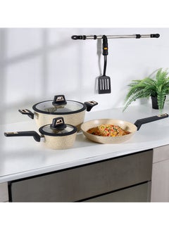 Royalford Royalford Chef Art Granite Cookware Set RF11960 Forged Aluminum 6 Piece Set with Granite Coated Body Gas Induction Base Soft Touch Handles and Tempered Glass Lid Pink Large  - Image 1