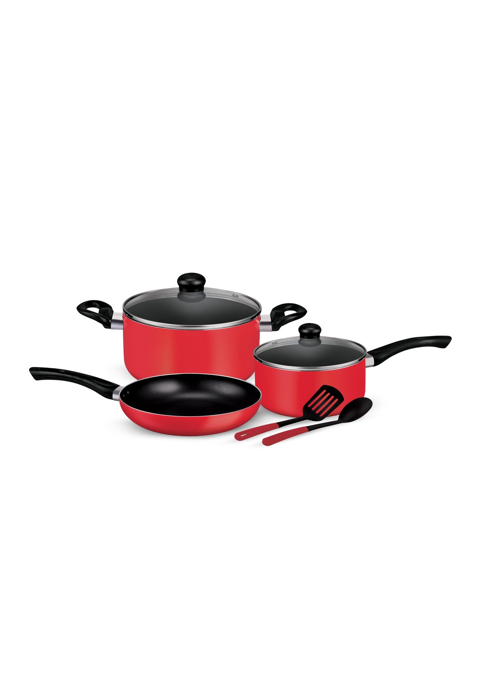 Royalford 7Pcs Non Stick Aluminum Cookware Set RF11952 Aluminum Body With 3 Layer Non Stick Coating CD Bottom Bakelite Handles with Tempered Glass Lid Red X Large 