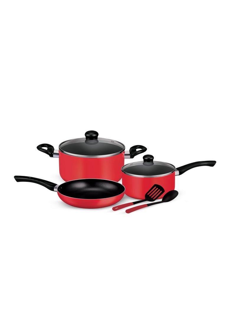 Royalford - Royalford 7Pcs Non Stick Aluminum Cookware Set RF11952 Aluminum Body With 3 Layer Non Stick Coating CD Bottom Bakelite Handles with Tempered Glass Lid Red X Large - Image 1