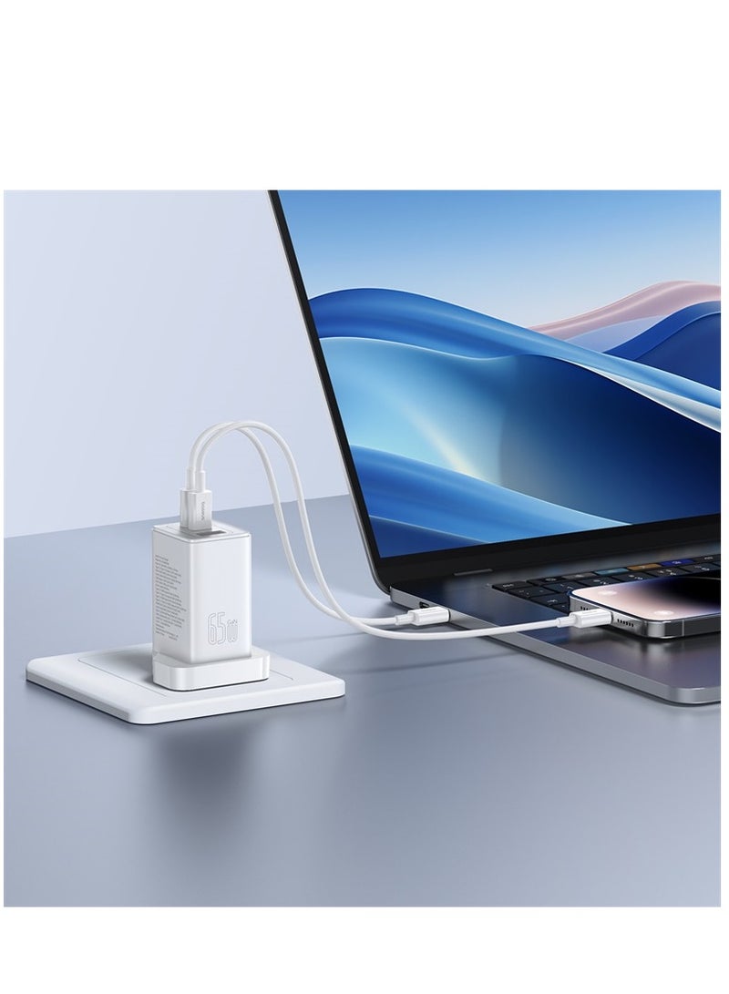 Baseus - 65W USB C Charger 3-Port Foldable GaN5 Pro Laptop Charger Type C Fast Wall Charger Plug Compatible With MacBook Pro/Air, HP/Dell/Lenovo, iPad Pro/Air, iPhone 15 Pro Max, Galaxy S23, Steam Deck, Etc White - Image 1
