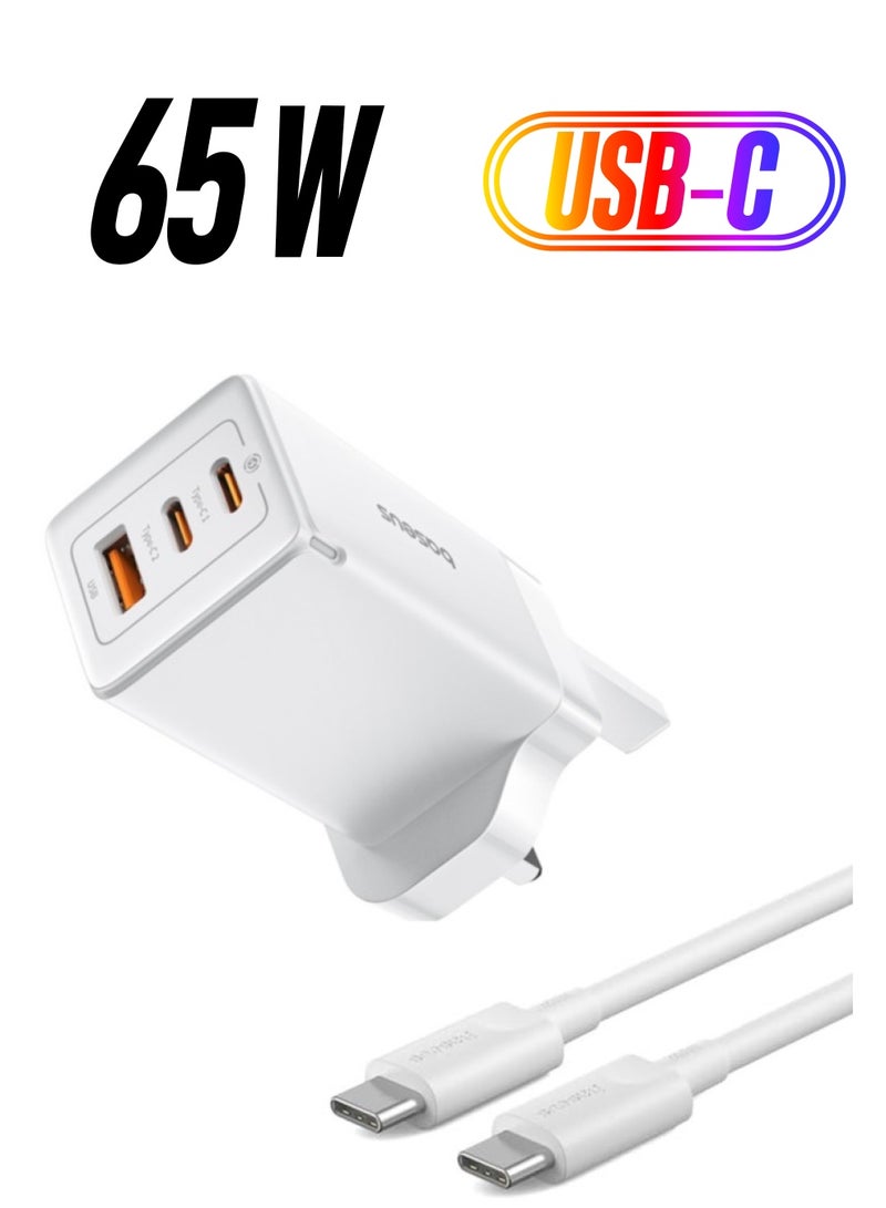 Baseus - 65W USB C Charger 3-Port Foldable GaN5 Pro Laptop Charger Type C Fast Wall Charger Plug Compatible With MacBook Pro/Air, HP/Dell/Lenovo, iPad Pro/Air, iPhone 15 Pro Max, Galaxy S23, Steam Deck, Etc White - Image 1