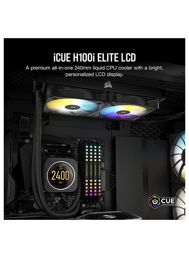 كورسير مبرد وحدة المعالجة المركزية السائل iCUE H100i ELITE LCD - شاشة IPS LCD مخصصة - 40 مصباح LED RGB ديناميكي - مراوح 120 مم - مشعاع 240 مم - وحدة تحكم الإضاءة الذكية COMMANDER CORE  - Image 2