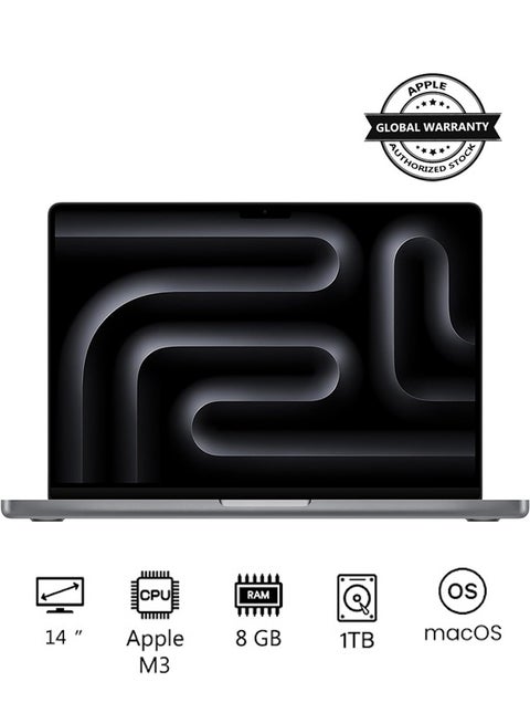 أحدث شريحة كمبيوتر محمول MacBook Pro MTL83 لعام 2023 M3 مع وحدة معالجة مركزية 8 نواة، ووحدة معالجة رسومات 10 نواة: شاشة Liquid Retina XDR مقاس 14.2 بوصة، وذاكرة موحدة سعة 8 جيجابايت، وتخزين SSD سعة 1 تيرابايت، وتعمل مع iPhone/iPad
