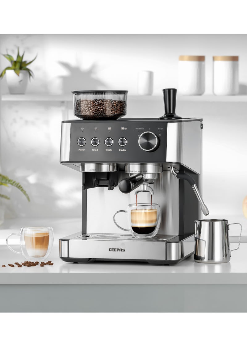 GEEPAS - Professional Espresso & Cappuccino Coffee Machine With Grinder, 2O Bar High Speed Pump, 92-9 Degree C Extraction, Powerful Steam System, Intelligent Temperature Control 2.7 L 1650 W GCMG1325S Silver - Image 1