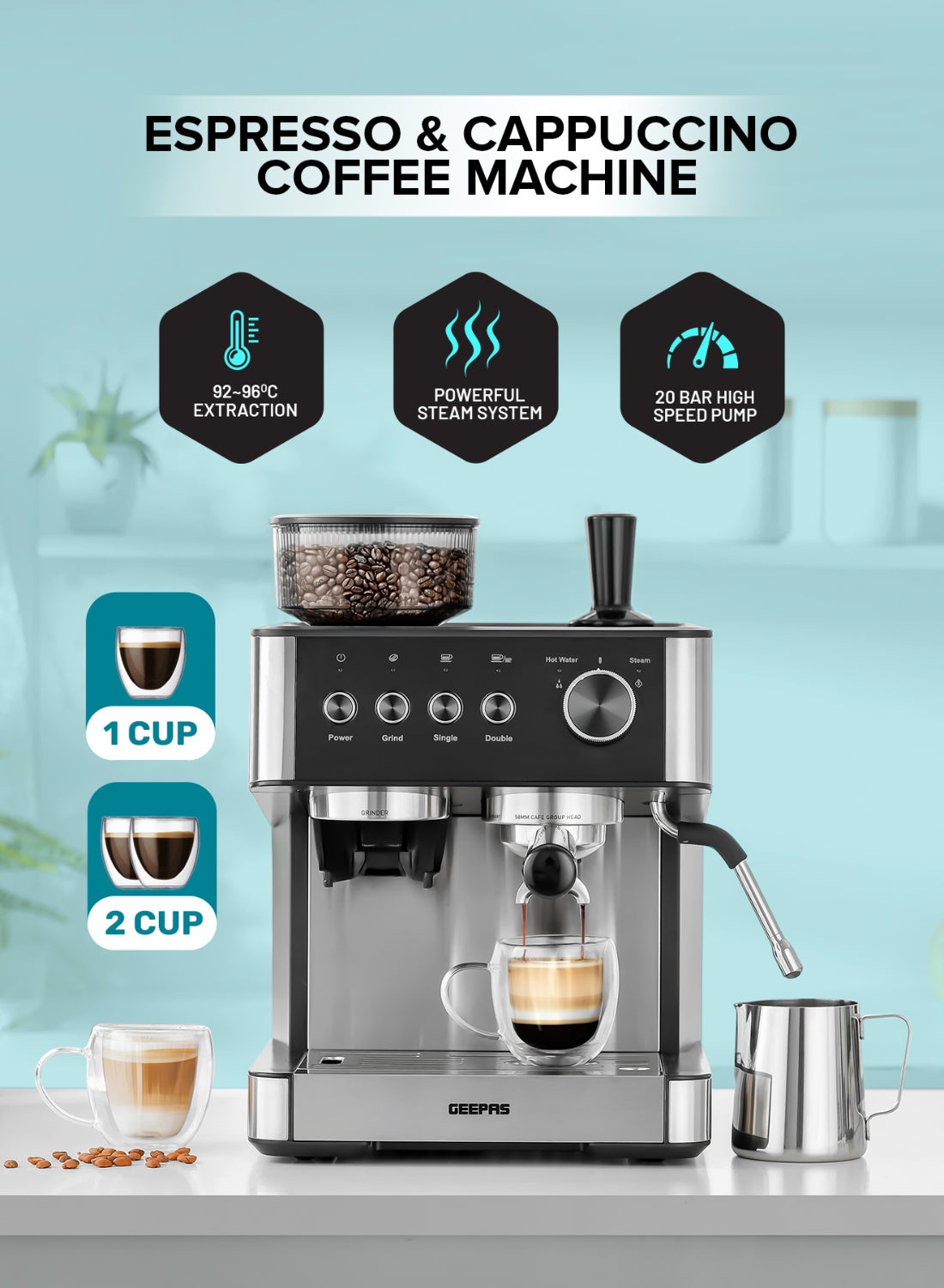 Professional Espresso & Cappuccino Coffee Machine With Grinder, 2O Bar High Speed Pump, 92-9 Degree C Extraction, Powerful Steam System, Intelligent Temperature Control 2.7 L 1650 W GCMG1325S Silver 