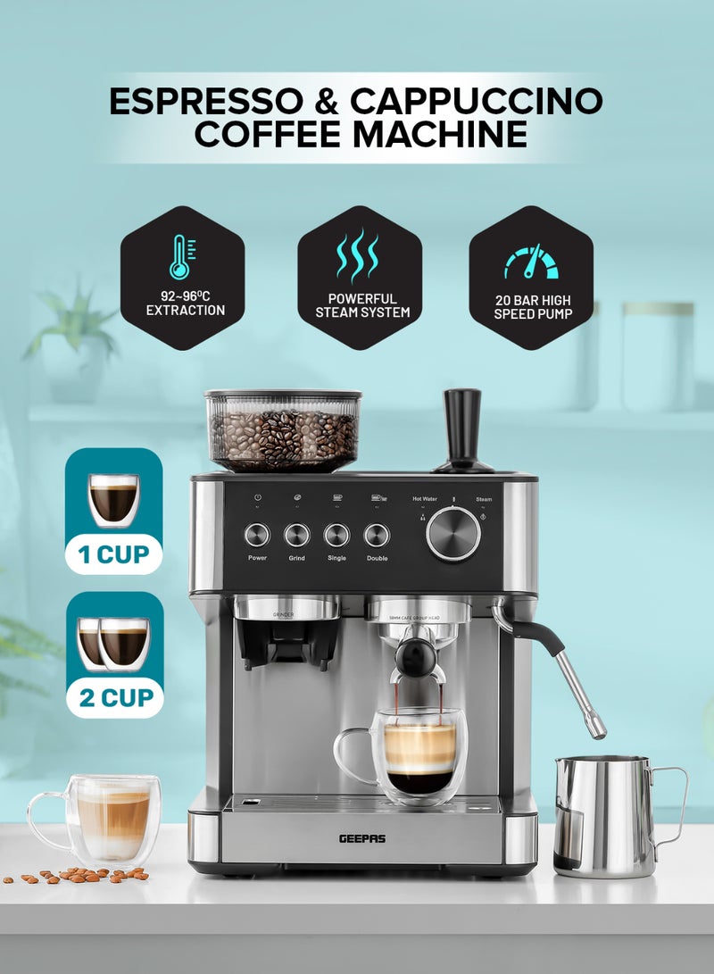 GEEPAS - Professional Espresso & Cappuccino Coffee Machine With Grinder, 2O Bar High Speed Pump, 92-9 Degree C Extraction, Powerful Steam System, Intelligent Temperature Control 2.7 L 1650 W GCMG1325S Silver - Image 1