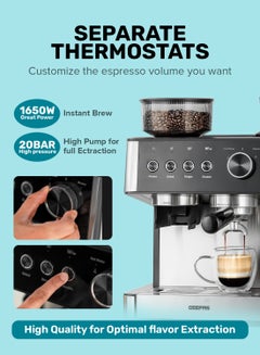 GEEPAS Professional Espresso & Cappuccino Coffee Machine With Grinder, 2O Bar High Speed Pump, 92-9 Degree C Extraction, Powerful Steam System, Intelligent Temperature Control 2.7 L 1650 W GCMG1325S Silver  - Image 4