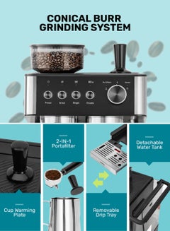 GEEPAS Professional Espresso & Cappuccino Coffee Machine With Grinder, 2O Bar High Speed Pump, 92-9 Degree C Extraction, Powerful Steam System, Intelligent Temperature Control 2.7 L 1650 W GCMG1325S Silver  - Image 3