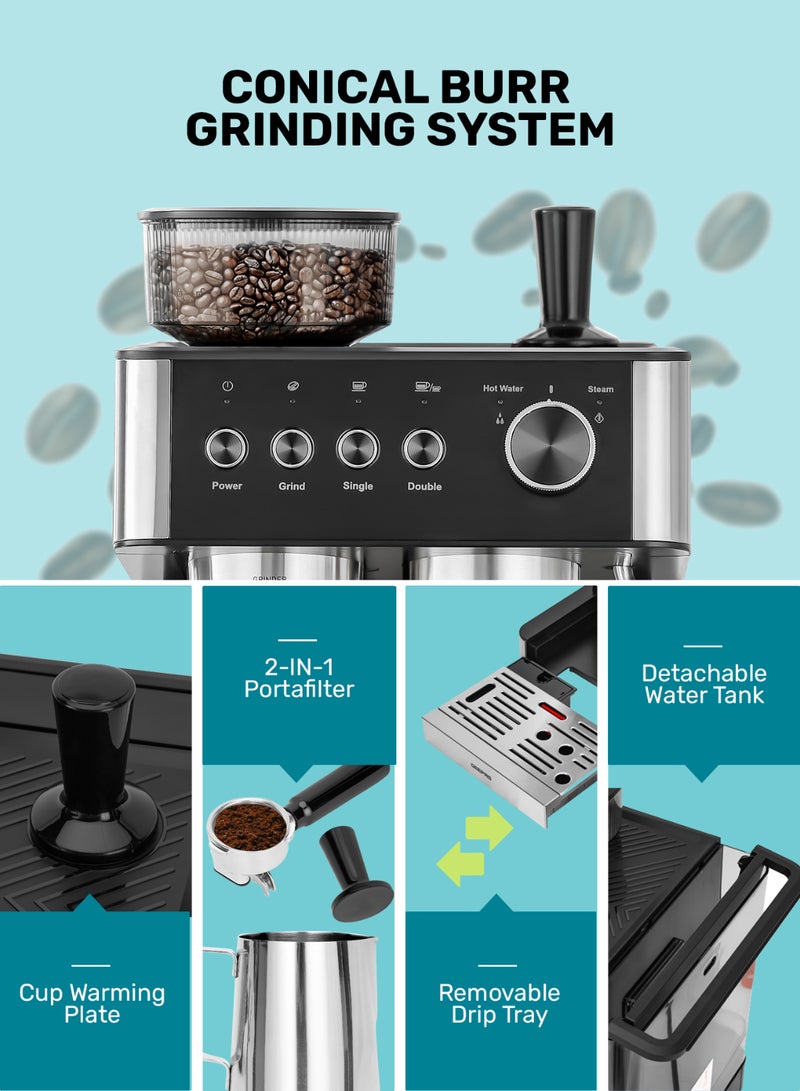 GEEPAS - Professional Espresso & Cappuccino Coffee Machine With Grinder, 2O Bar High Speed Pump, 92-9 Degree C Extraction, Powerful Steam System, Intelligent Temperature Control 2.7 L 1650 W GCMG1325S Silver - Image 1