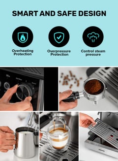 GEEPAS Professional Espresso & Cappuccino Coffee Machine With Grinder, 2O Bar High Speed Pump, 92-9 Degree C Extraction, Powerful Steam System, Intelligent Temperature Control 2.7 L 1650 W GCMG1325S Silver  - Image 5