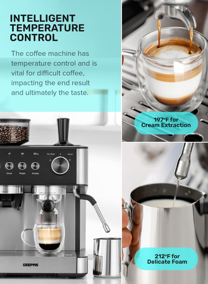 GEEPAS - Professional Espresso & Cappuccino Coffee Machine With Grinder, 2O Bar High Speed Pump, 92-9 Degree C Extraction, Powerful Steam System, Intelligent Temperature Control 2.7 L 1650 W GCMG1325S Silver - Image 1