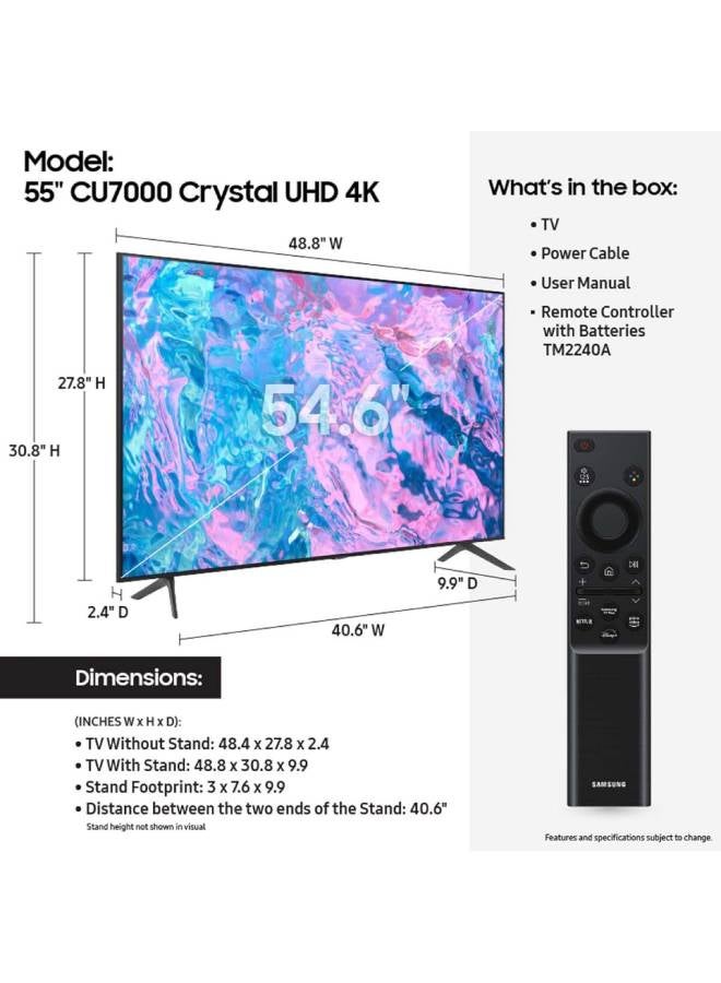 Samsung - 55 Inch Crystal UHD 4K Smart TV 2023 PurColor, Smart Hub - INTERNATIONAL VERSION UA55CU7000 Black - Image 1