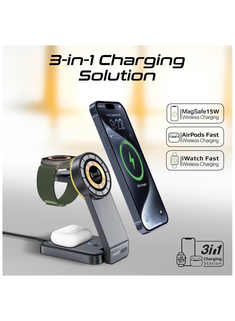 PROMATE Charging Station 3 in 1 slim Transparent Magsafe foldable charger |Dock With night Light Black  - Image 2