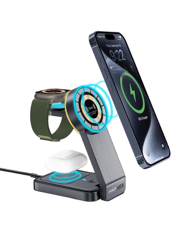 PROMATE Charging Station 3 in 1 slim Transparent Magsafe foldable charger |Dock With night Light Black  - Image 1