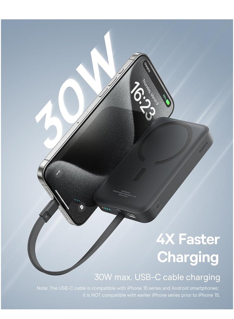 Baseus 10000 mAh Magnetic Power Bank, 30W PD Fast Charging 10000mAh Portable Charger with Built-in USB-C Cable (Input and Output), Compact Magsafe-Compatible Battery Pack for iPhone 16 Plus/16 Pro/16 Pro Max, iPhone 15/14/13/12 Series, Samsung Galaxy S24/S23, iPad, Google Pixel, and Other USB-C and Wireless Devices Black  - Image 3