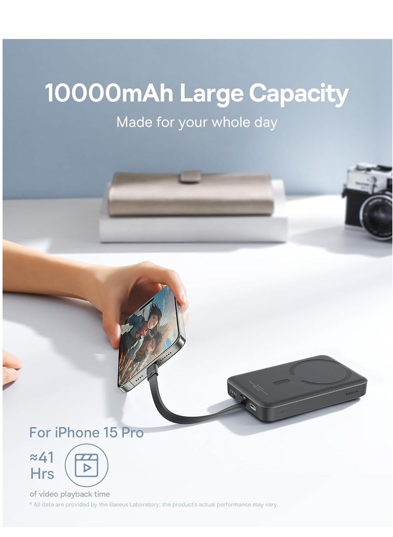 Baseus - 10000 mAh Magnetic Power Bank, 30W PD Fast Charging 10000mAh Portable Charger with Built-in USB-C Cable (Input and Output), Compact Magsafe-Compatible Battery Pack for iPhone 16 Plus/16 Pro/16 Pro Max, iPhone 15/14/13/12 Series, Samsung Galaxy S24/S23, iPad, Google Pixel, and Other USB-C and Wireless Devices Black - Image 1