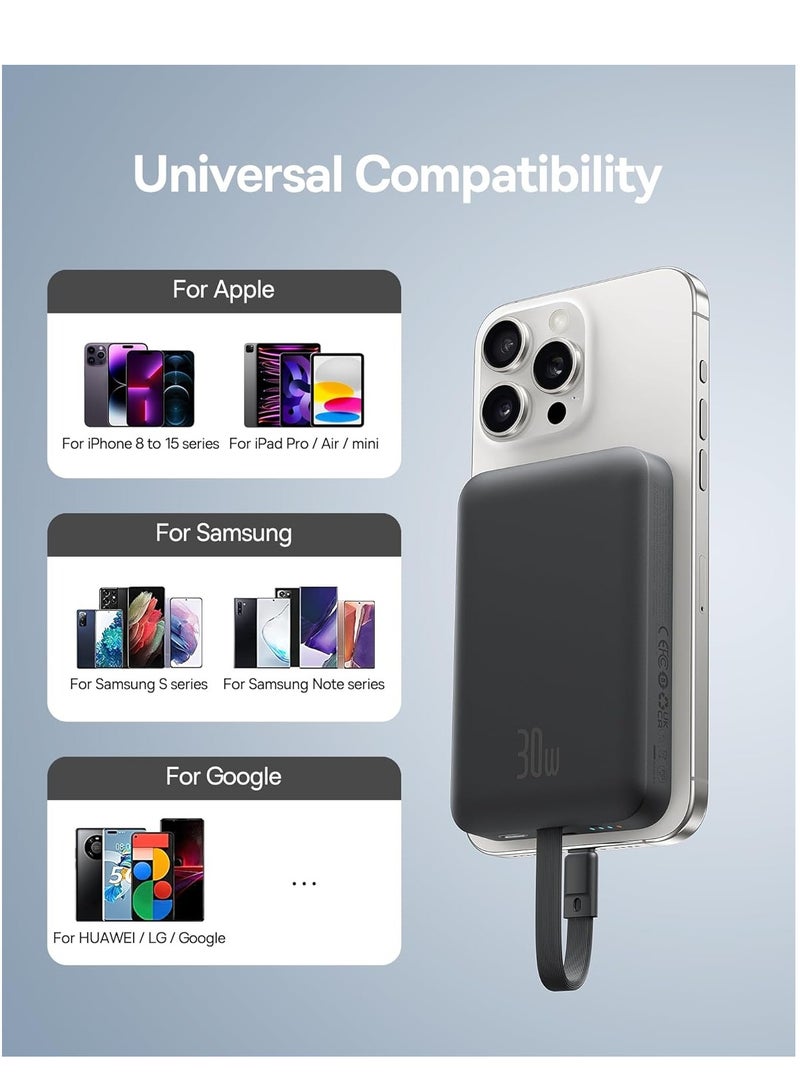 Baseus - 10000 mAh Magnetic Power Bank, 30W PD Fast Charging 10000mAh Portable Charger with Built-in USB-C Cable (Input and Output), Compact Magsafe-Compatible Battery Pack for iPhone 16 Plus/16 Pro/16 Pro Max, iPhone 15/14/13/12 Series, Samsung Galaxy S24/S23, iPad, Google Pixel, and Other USB-C and Wireless Devices Black - Image 1