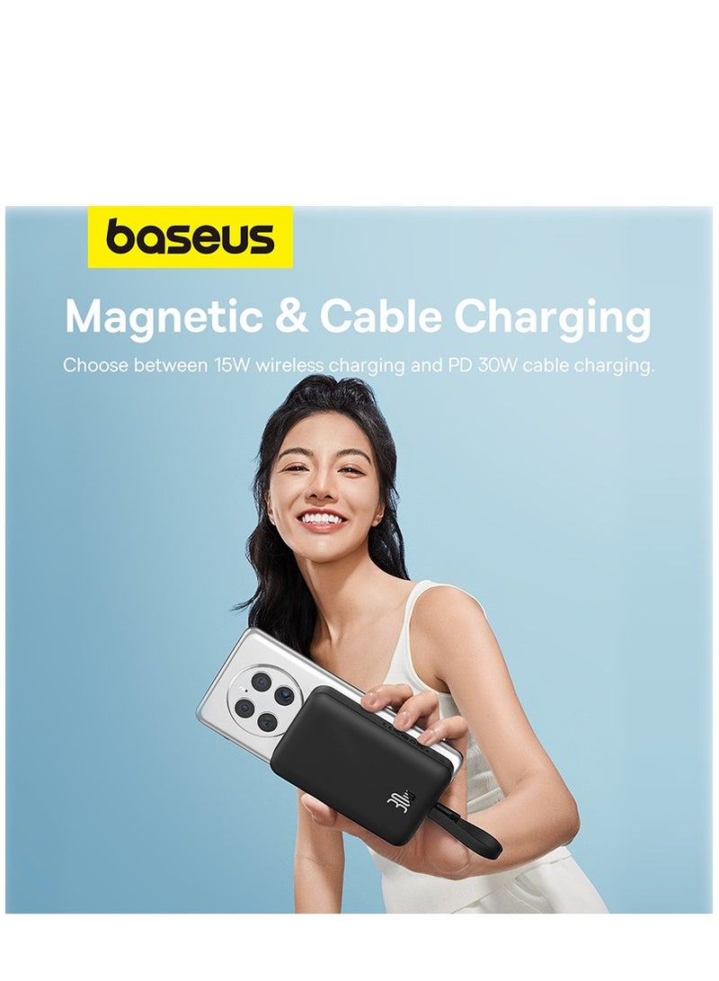Baseus - 10000 mAh Magnetic Power Bank, 30W PD Fast Charging 10000mAh Portable Charger with Built-in USB-C Cable (Input and Output), Compact Magsafe-Compatible Battery Pack for iPhone 16 Plus/16 Pro/16 Pro Max, iPhone 15/14/13/12 Series, Samsung Galaxy S24/S23, iPad, Google Pixel, and Other USB-C and Wireless Devices Black - Image 1