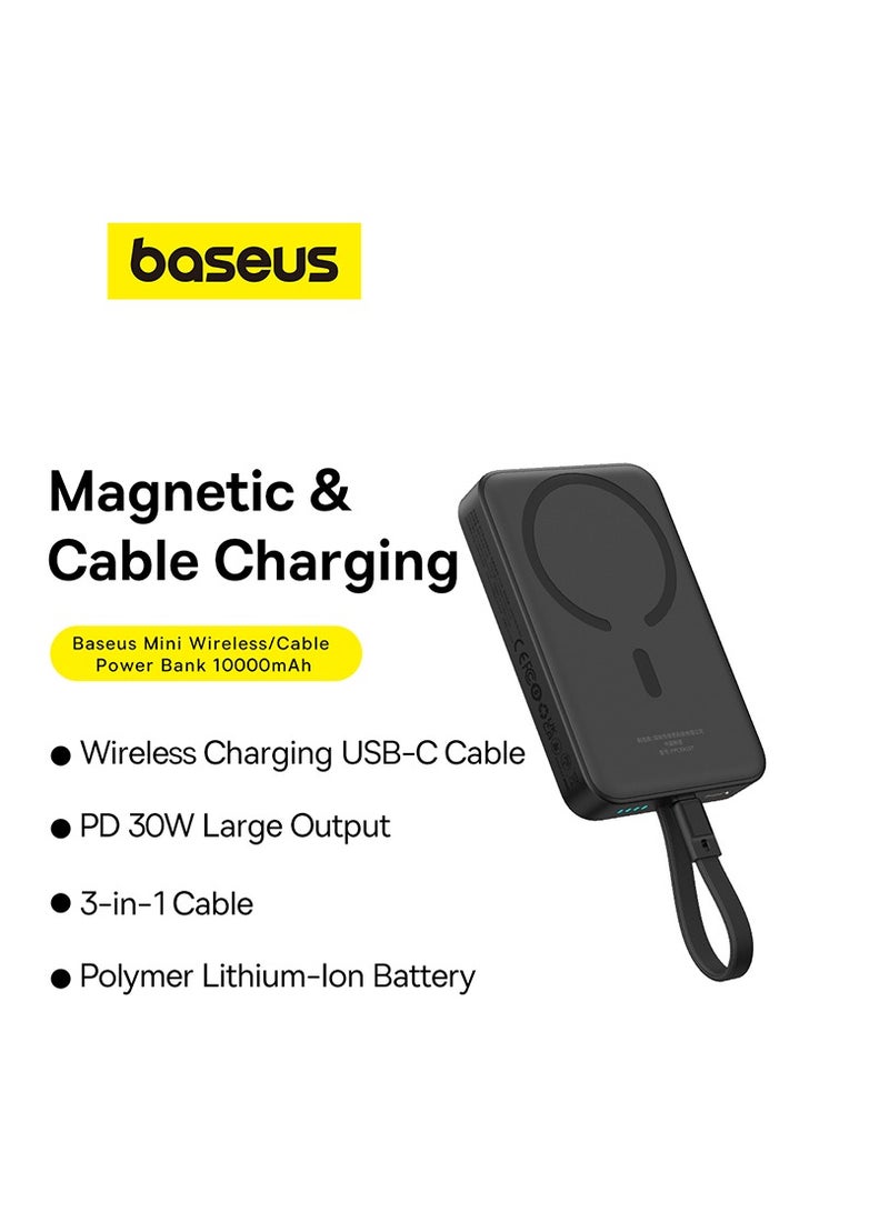 Baseus - 10000 mAh Magnetic Power Bank, 30W PD Fast Charging 10000mAh Portable Charger with Built-in USB-C Cable (Input and Output), Compact Magsafe-Compatible Battery Pack for iPhone 16 Plus/16 Pro/16 Pro Max, iPhone 15/14/13/12 Series, Samsung Galaxy S24/S23, iPad, Google Pixel, and Other USB-C and Wireless Devices Black - Image 1