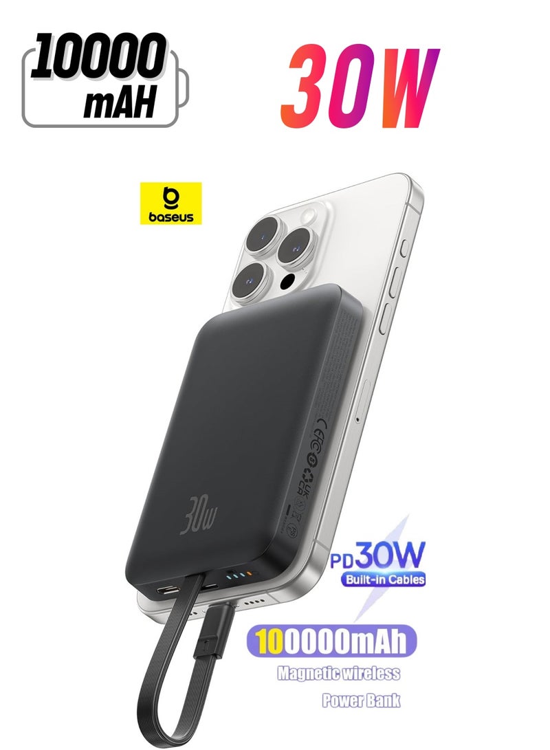 Baseus 10000 mAh Magnetic Power Bank, 30W PD Fast Charging 10000mAh Portable Charger with Built-in USB-C Cable (Input and Output), Compact Magsafe-Compatible Battery Pack for iPhone 16 Plus/16 Pro/16 Pro Max, iPhone 15/14/13/12 Series, Samsung Galaxy S24/S23, iPad, Google Pixel, and Other USB-C and Wireless Devices Black  - Image 1