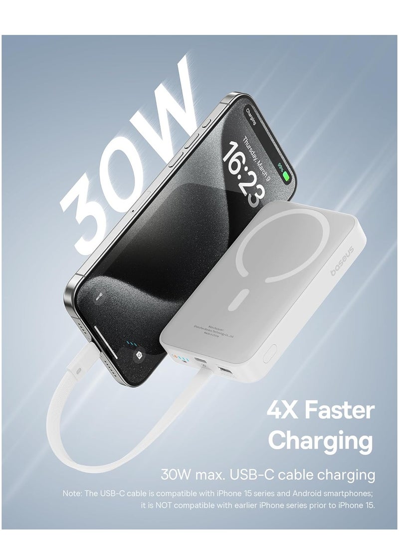 Baseus - 10000 mAh Magnetic Power Bank, 30W PD Fast Charging 10000mAh Portable Charger with Built-in USB-C Cable (Input and Output), Compact Magsafe-Compatible Battery Pack for iPhone 16 Plus/16 Pro/16 Pro Max, iPhone 15/14/13/12 Series, Samsung Galaxy S24/S23, iPad, Google Pixel, and Other USB-C and Wireless Devices White - Image 1