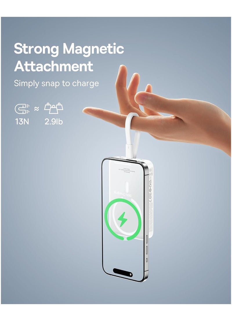 Baseus - 10000 mAh Magnetic Power Bank, 30W PD Fast Charging 10000mAh Portable Charger with Built-in USB-C Cable (Input and Output), Compact Magsafe-Compatible Battery Pack for iPhone 16 Plus/16 Pro/16 Pro Max, iPhone 15/14/13/12 Series, Samsung Galaxy S24/S23, iPad, Google Pixel, and Other USB-C and Wireless Devices White - Image 1