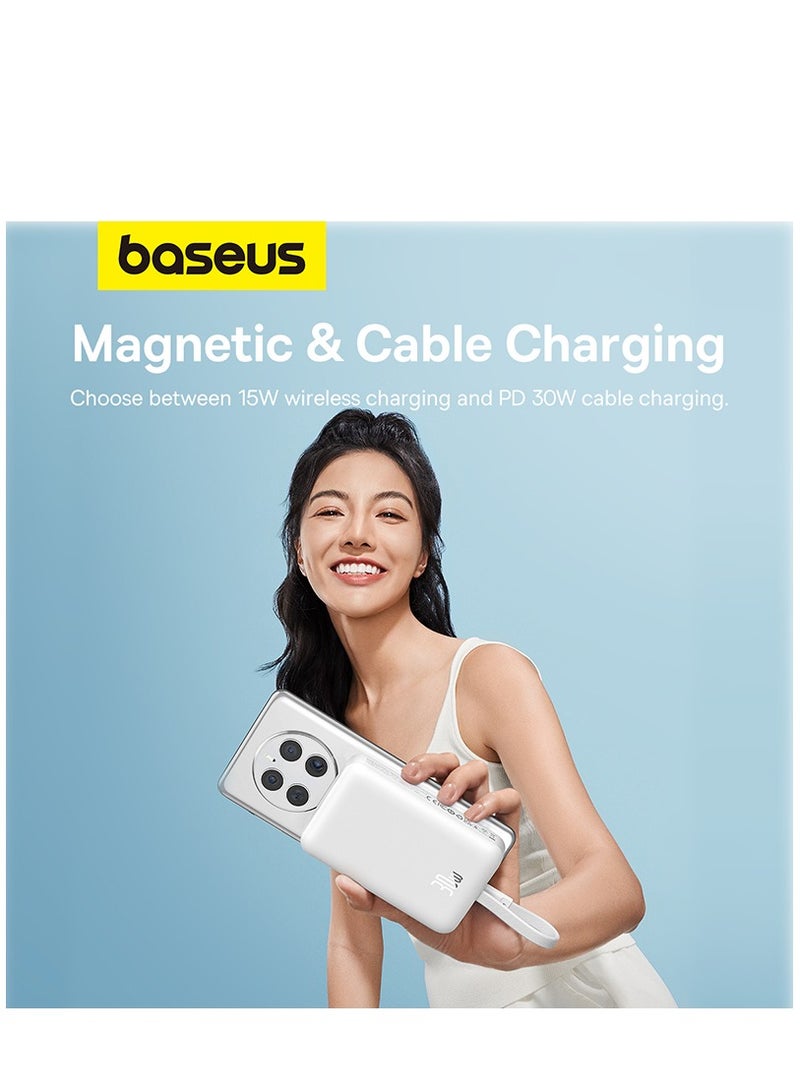 Baseus - 10000 mAh Magnetic Power Bank, 30W PD Fast Charging 10000mAh Portable Charger with Built-in USB-C Cable (Input and Output), Compact Magsafe-Compatible Battery Pack for iPhone 16 Plus/16 Pro/16 Pro Max, iPhone 15/14/13/12 Series, Samsung Galaxy S24/S23, iPad, Google Pixel, and Other USB-C and Wireless Devices White - Image 1