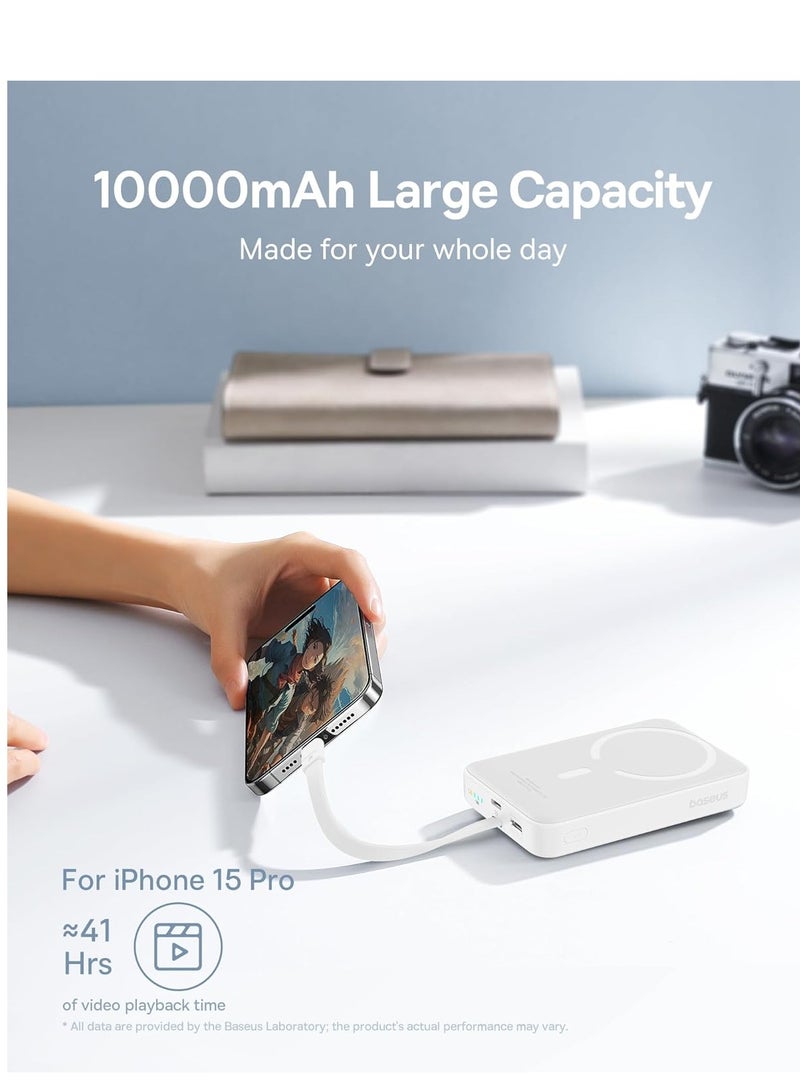 Baseus - 10000 mAh Magnetic Power Bank, 30W PD Fast Charging 10000mAh Portable Charger with Built-in USB-C Cable (Input and Output), Compact Magsafe-Compatible Battery Pack for iPhone 16 Plus/16 Pro/16 Pro Max, iPhone 15/14/13/12 Series, Samsung Galaxy S24/S23, iPad, Google Pixel, and Other USB-C and Wireless Devices White - Image 1