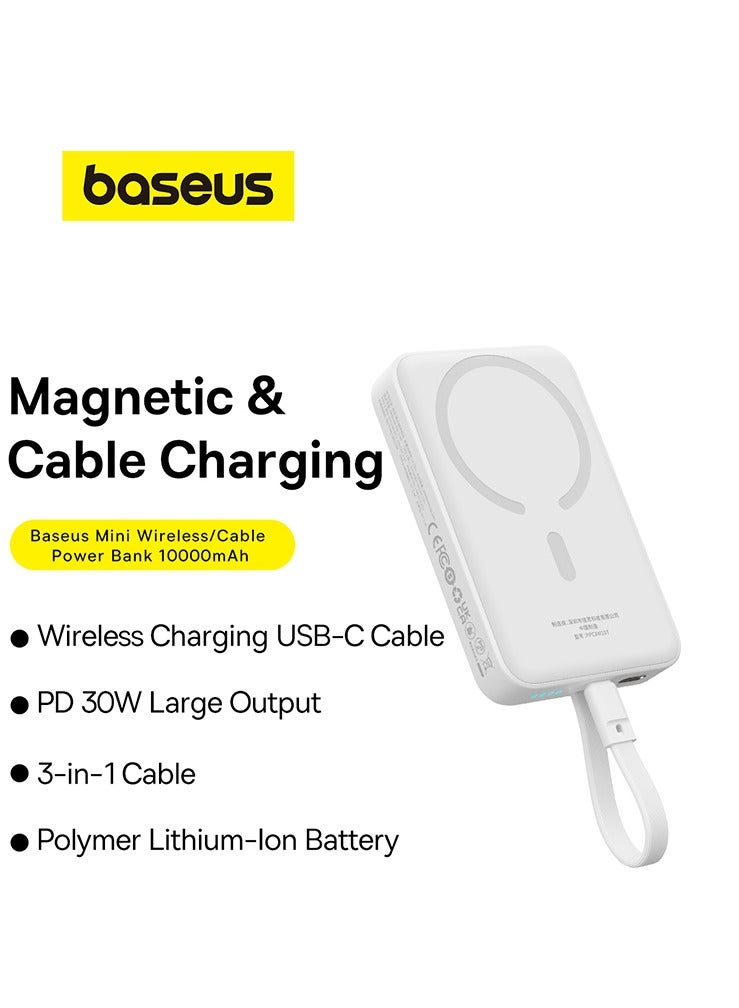 Baseus - 10000 mAh Magnetic Power Bank, 30W PD Fast Charging 10000mAh Portable Charger with Built-in USB-C Cable (Input and Output), Compact Magsafe-Compatible Battery Pack for iPhone 16 Plus/16 Pro/16 Pro Max, iPhone 15/14/13/12 Series, Samsung Galaxy S24/S23, iPad, Google Pixel, and Other USB-C and Wireless Devices White - Image 1