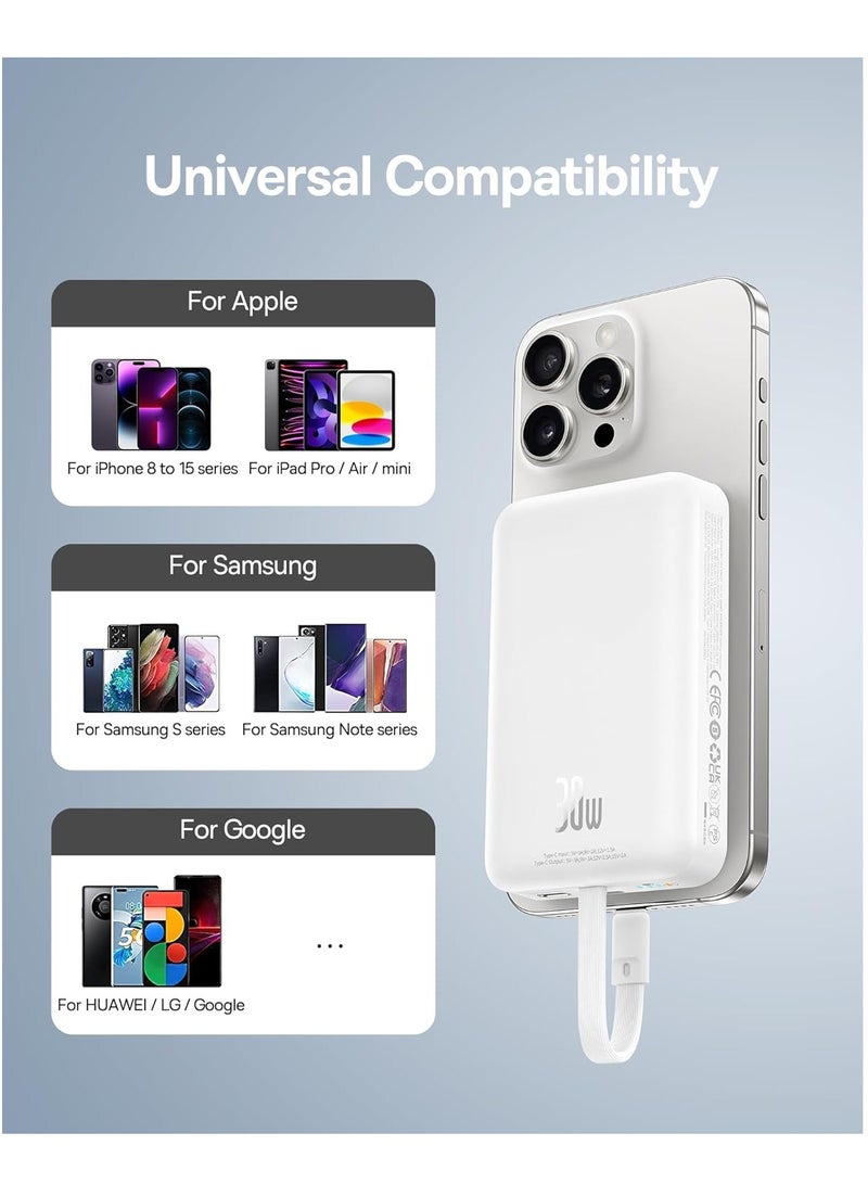 Baseus - 10000 mAh Magnetic Power Bank, 30W PD Fast Charging 10000mAh Portable Charger with Built-in USB-C Cable (Input and Output), Compact Magsafe-Compatible Battery Pack for iPhone 16 Plus/16 Pro/16 Pro Max, iPhone 15/14/13/12 Series, Samsung Galaxy S24/S23, iPad, Google Pixel, and Other USB-C and Wireless Devices White - Image 1