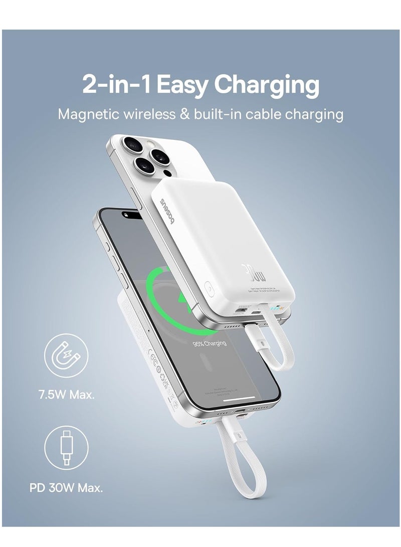 Baseus - 10000 mAh Magnetic Power Bank, 30W PD Fast Charging 10000mAh Portable Charger with Built-in USB-C Cable (Input and Output), Compact Magsafe-Compatible Battery Pack for iPhone 16 Plus/16 Pro/16 Pro Max, iPhone 15/14/13/12 Series, Samsung Galaxy S24/S23, iPad, Google Pixel, and Other USB-C and Wireless Devices White - Image 1