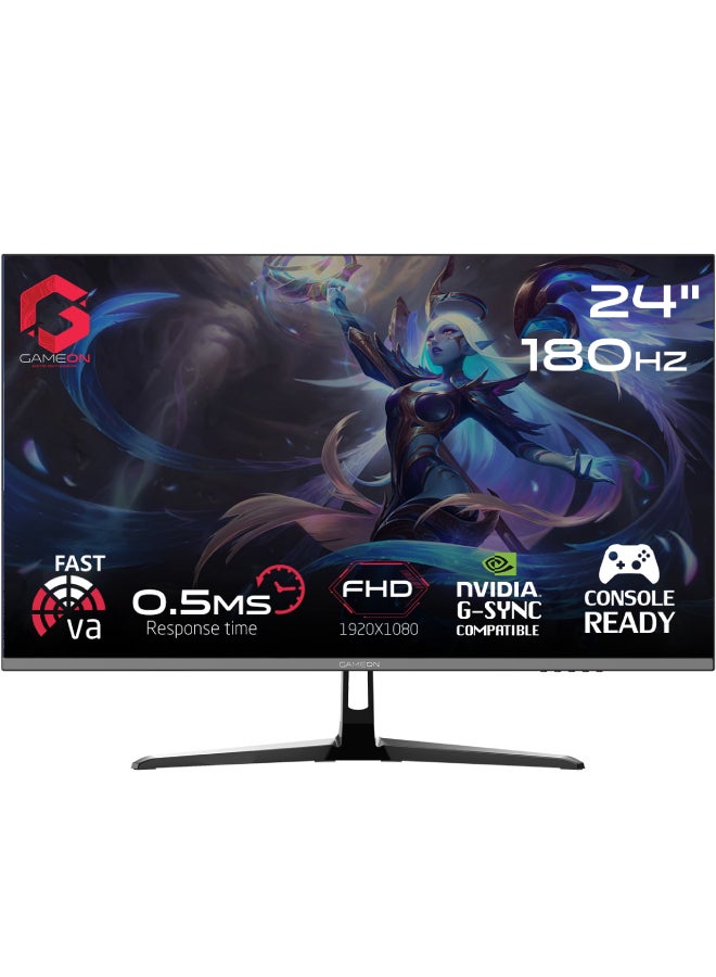 GAMEON 24 Inch FHD 180Hz 1ms HDMI 2.0 Gaming Monitor HDR Adaptive Sync and GSync Compatible GOPS24180VA Black - Image 1