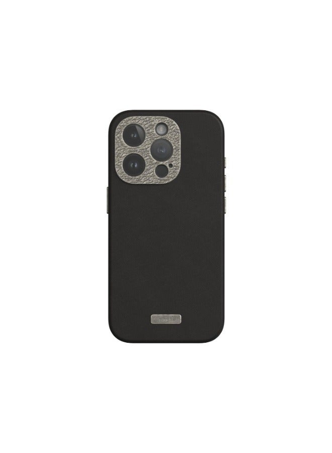 Moshi - Napa Apple iPhone 15 Pro 2023 Case - Eco-Friendly Leather Cover, MagSafe Compatible, Drop Protection, Metal Lens Frame, Supports Wireless Charging Black - Image 1