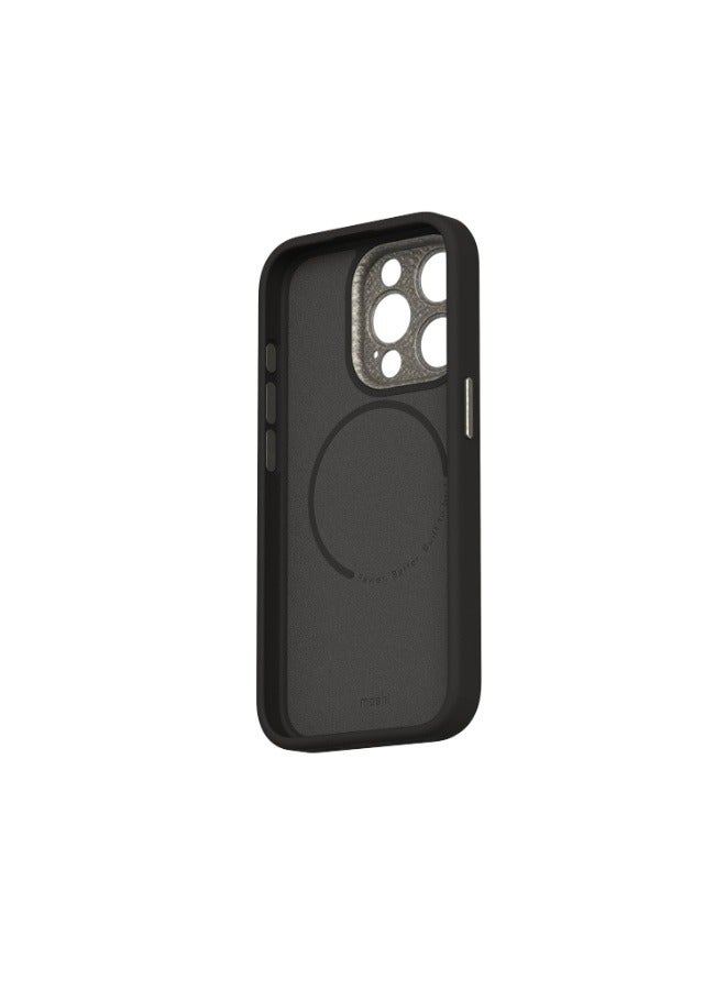 Moshi - Napa Apple iPhone 15 Pro 2023 Case - Eco-Friendly Leather Cover, MagSafe Compatible, Drop Protection, Metal Lens Frame, Supports Wireless Charging Black - Image 1