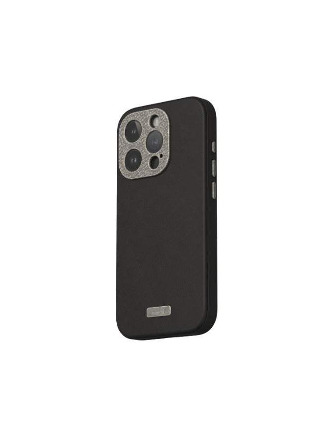 Moshi - Napa Apple iPhone 15 Pro 2023 Case - Eco-Friendly Leather Cover, MagSafe Compatible, Drop Protection, Metal Lens Frame, Supports Wireless Charging Black - Image 1