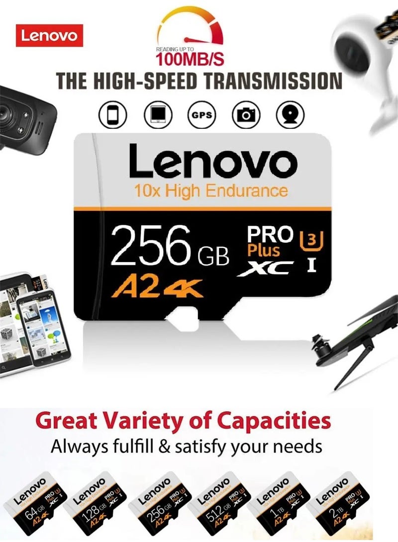 Lenovo A2/4K Ultra Fast Speed Micro SD Memory Card XCI/U3 Class 10 Micro TF Flash SDCS2 100MB/S Reading 256GB With SD Card Adapter 256 GB