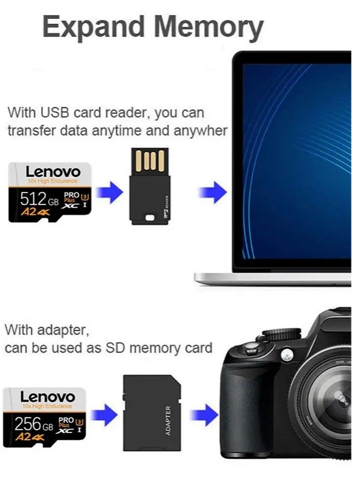Lenovo A2/4K Ultra Fast Speed Micro SD Memory Card XCI/U3 Class 10 Micro TF Flash SDCS2 100MB/S Reading 256GB With SD Card Adapter 256 GB