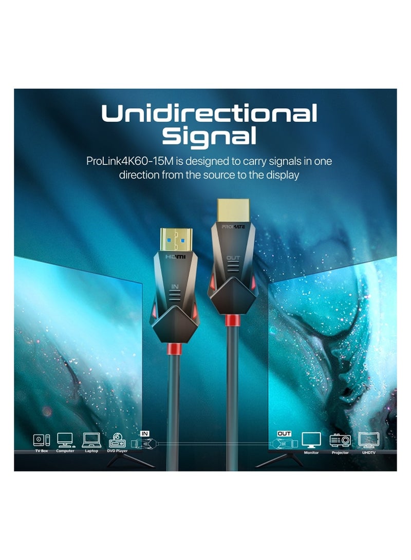 PROMATE - HDMI 2.0 Cable, 4K@60Hz HDMI To HDMI Unidirectional Cable With 3D Video Support, 18Gbps Bandwidth, Ethernet, 15M Fiber Optic Cable And Gold-Plated Connectors For Laptops, Monitors Black - Image 1