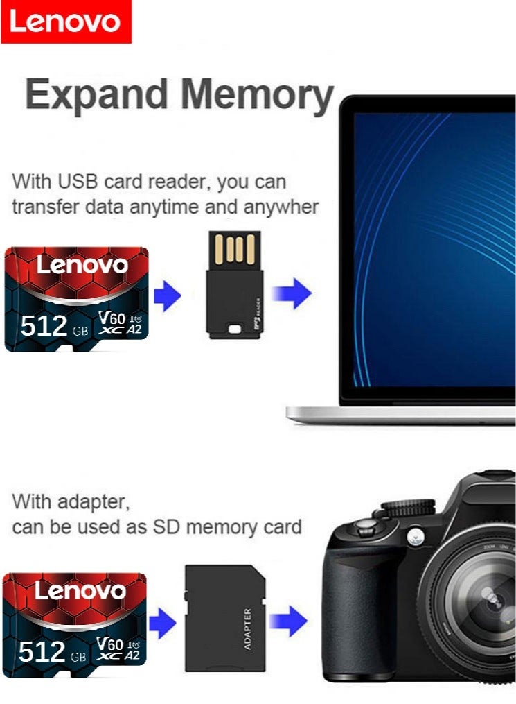 Lenovo - V60 Ultra Fast Speed Micro SD Memory Card XC A2 Class 10 Micro TF Flash SDCS2 100Mb/s Reading With SD Card Adapter 512 GB - Image 1