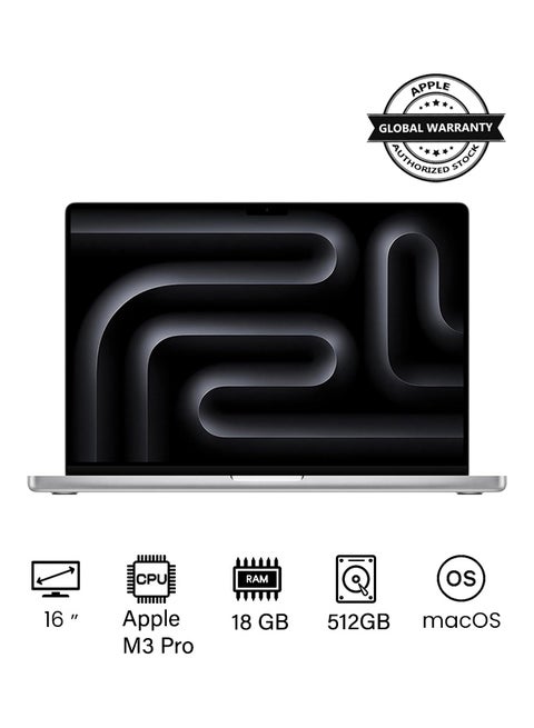 أحدث شريحة كمبيوتر محمول MacBook Pro MRW43 M3 Pro لعام 2023 مع وحدة معالجة مركزية 12 بوصة، ووحدة معالجة رسومات 18 بوصة: شاشة Liquid Retina XDR مقاس 16.2 بوصة، وذاكرة موحدة سعة 18 جيجابايت، وتخزين SSD بسعة 512 جيجابايت، وتعمل مع iPhone/iPad باللغة الإنجليزية/العربية، فضي