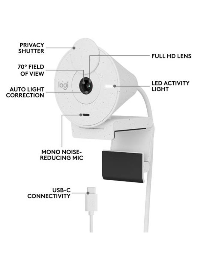 Logitech - Brio 300 Full HD Webcam, 2MP Camera, 70° Viewing Angle, Privacy Shutter, Light Sensor, 30 Fps Video Recording Speed, USB-C Interface, 1.22M Mic Pick Up Range White - Image 1